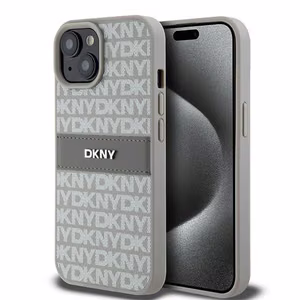 DKNY Ādas mono svītra un metāla logotips viedtālruņa apvalks iPhone 15 / 14 / 13 - bēšs