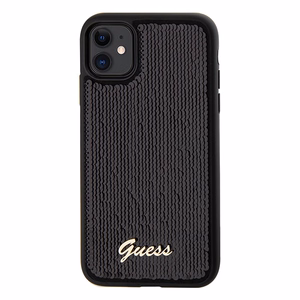 Guess Spīdumi uzraksts metāla viedtālruņa apvalks iPhone 11 / Xr - melns