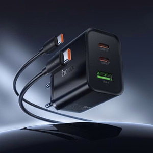 tālruņa lādētājs Hoco 2x USB C + USB A QC3.0 PD 3A 65W + datu kabelis USB C to USB C N75 melns