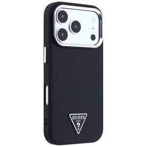 Guess Grained Triangle Logo MagSafe maciņš iPhone 17 Pro / 18 Pro, melns