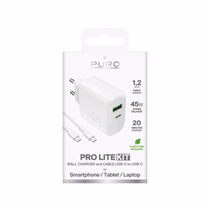 Puro Daily Prolite 45W USB-C USB-A Power Delivery lādētājs ar USB-C kabeli - balts