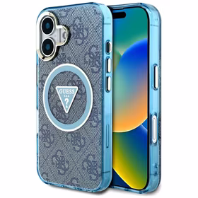 Guess IML Metal Glitter 4G Circle Triangle magnētiskais viedtālruņa apvalks iPhone 16 - zils