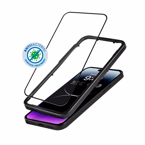 Crong Anti-Bacterial 3D Armor Glass 9H visu ekrānu pārklājošs rūdīta stikla aizsargs iPhone 14 Pro Max ar uzstādīšanas rāmi