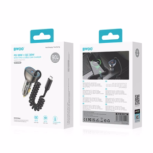 BWOO CC96C 30W PD car charger 1x USB-C 1x USB port with USB-C cable gray
