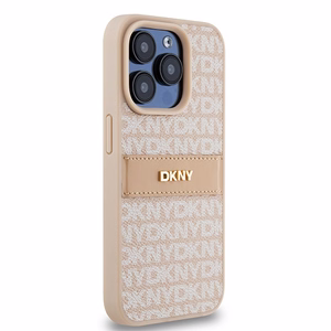 DKNY Ādas mono svītra un metāla logotips viedtālruņa apvalks iPhone 15 Pro - rozā