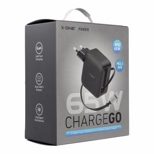 Ceļojumu lādētājs X-ONE ChargeGo GaN 65W ar ievelkamu kabeli un USB C pieslēgvietu – melns
