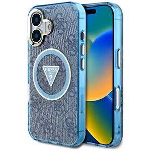 Guess IML Metal Glitter 4G Circle Triangle magnētiskais viedtālruņa apvalks iPhone 16 - zils