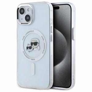 Karl Lagerfeld IML Metal Karl&Choupette galvas MagSafe iPhone 14 viedtālruņa apvalks – balts
