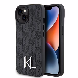 Karl Lagerfeld KLHCP15SPKLPKLK iPhone 15 / 14 / 13 6.1" melns/melns cietais apvalks Ādas monogramma karstais štancējums metāla logotips