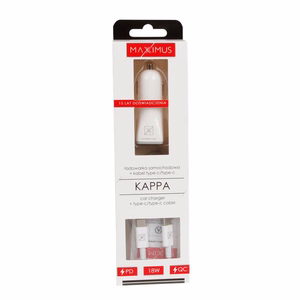 Auto lādētājs MX KAPPA 18W PD+QC, USB-A+C + C/C kabelis 20W PD, balts