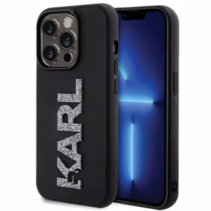 Karl Lagerfeld 3D gumijas spīdīgs logotips viedtālruņa apvalks iPhone 15 Pro - melns