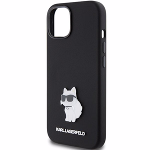 Karl Lagerfeld silikona Choupette Metal Pin viedtālruņa apvalks iPhone 15 Plus / 14 Plus - melns