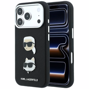 Karl Lagerfeld Saffiano Karl & Choupette Heads Pins & Logo vāciņš modelim iPhone 18 Pro / 17 Pro – melns