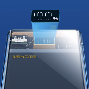 WEKOME WP-323 Vanguard Series ārējais akumulators, 10000 mAh, PD 20 W + QC 22,5 W, ar iebūvētiem USB-C un Lightning kabeļiem, melns un caurspīdīgs