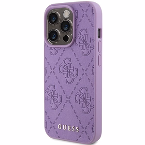 Guess Ādas 4G Reljefs viedtālruņa apvalks iPhone 15 Pro - violets