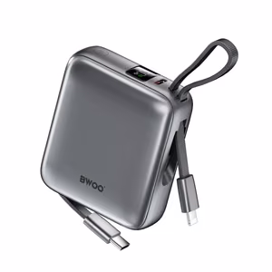 BWOO portatīvais lādētājs P74 22.5W 20000 mAh ar 2 iebūvētiem kabeļiem 1 x USB-C 1 x Lightning melna