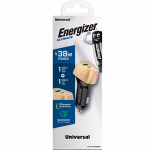 Energizer Ultimate D38BG auto lādētājs, USB-C + USB-A, 38 W PD + QC 3,0, zelta un melnā krāsā