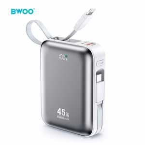 BWOO portatīvais lādētājs P77 45W, 10000 mAh with USB-C and Lightning kabelis, pelēks