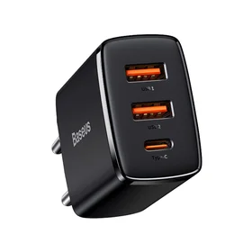 Lādētājs Baseus Compact Quick Charger, 2xUSB, USB-C, PD, 3A, 30W (melns)