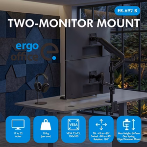 Ergo Office ER-692 B – dual gas-spring monitor arm for 17–32-inch screens, 1–10 kg per arm, matte black