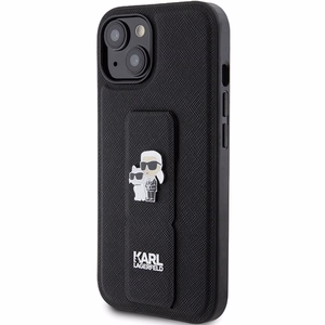 Karl Lagerfeld Gripstand Saffiano Karl&Choupette Pins viedtālruņa apvalks iPhone 15 - melns