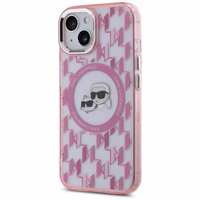 Karl Lagerfeld IML Monogramma Karl & Choupette Head Magnētiskais iPhone 15 Plus viedtālruņa apvalks - rozā