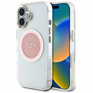 Guess IML Metal Colored Circle Classic Logo Magnētiskais viedtālruņa apvalks iPhone 16 - rozā