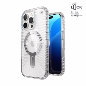 Speck Presidio Perfect-Clear Grip ClickLock & MagSafe vāciņš ierīcei iPhone 16 Pro, caurspīdīgs / hroma apdare / Serene Silver