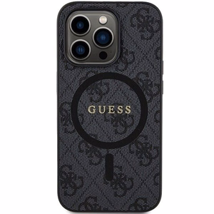 Guess 4G kolekcija ādas metāla logotips Magnētiskais apvalks iPhone 15 Pro - melns