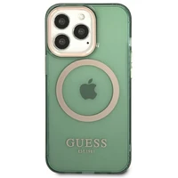 Guess GUHMP13LHTCMA iPhone 13 Pro / 13 6.1" zaļš/khaki cietais viedtālruņa apvalks ar zelta kontūru, caurspīdīgs Magnētiskais MagSafe