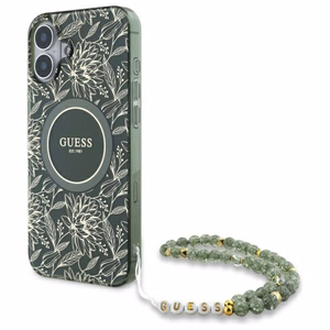 Guess IML Flowers Allover Electro With Pearl Strap MagSafe viedtālruņa apvalks iPhone 16 - zaļš