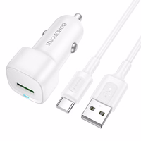 Borofone Auto lādētājs BZ34 Cloud - USB - QC 3.0 18W ar USB-C tipa kabeli, balts