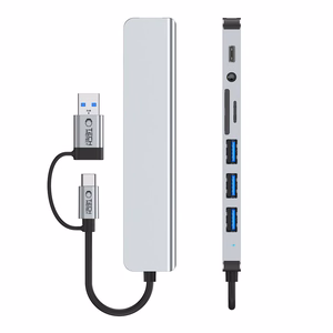 Tech-Protect HB06 HUB adapteris 8in1 TYPE-C + USB2.0 + USB3.0 + SD/TF + AV3.5 - pelēks
