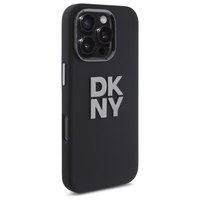 DKNY šķidrā silikona viedtālruņa apvalks ar metāla logotipu iPhone 16 Pro - melns
