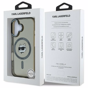 Karl Lagerfeld IML Metal Choupette Head Magnētiskais iPhone 16 Plus viedtālruņa apvalks - melns