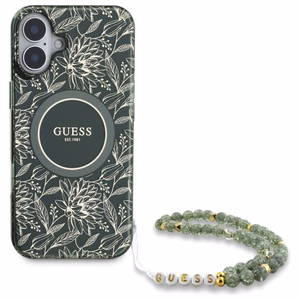 Guess IML Flowers Allover Electro With Pearl Strap MagSafe viedtālruņa apvalks iPhone 16 - zaļš