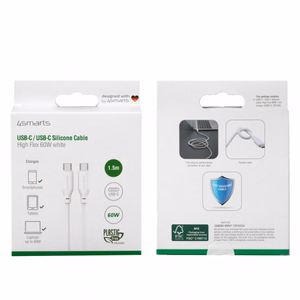 USB-C/USB-C silikona kabelis High Flex 60W 1,5 m, balts