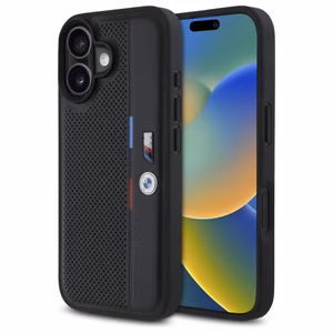 BMW M perforētā trīskrāsu līnija iPhone 16 apvalks - melns