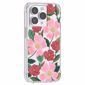Rifle Paper Clear vāciņš ierīcei iPhone 14 Pro, ar zelta krāsas rotājumu, ar “Rose Garden” rakstu