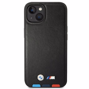 BMW BMHCP14M22PTDK iPhone 14 Plus 6.7 - melns ādas vāciņš ar trīskrāsainu uzliku MagSafe