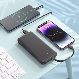 Portatīvais lādētājs Hoco 10000 mAh 2A ar iebūvētiem kabeļiem USB C + Lightning J118 melna