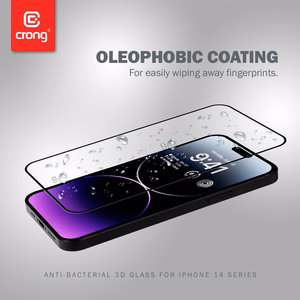 Crong Anti-Bacterial 3D Armor Glass 9H visu ekrānu pārklājošs rūdīta stikla aizsargs iPhone 14 Pro Max ar uzstādīšanas rāmi