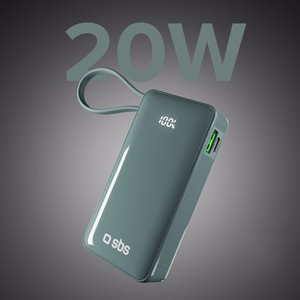 Внешний аккумулятор SBS 10000 mAh 20W со встроенным кабелем USB-C и цифровым дисплеем - серый