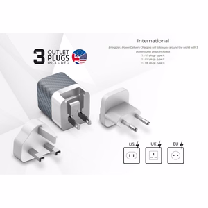 Energizer Ultimate A38QMU GaN ceļojumu sienas lādētājs ar EU / UK / US spraudņiem, USB-C + USB-A, 38 W PD + QC 3,0, sudraba krāsā