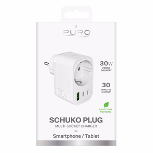 Puro 30W Power Delivery lādētājs ar Schuko spraudni un ligzdu 2x USB-C + 1x USB-A - balts
