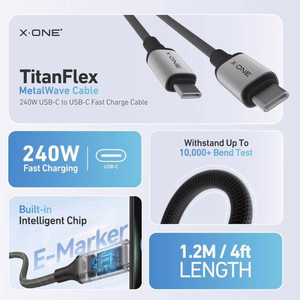 X-ONE TitanFlex datu kabelis – C–C tipa – 5A, līdz 240W, 1,2 m, melns