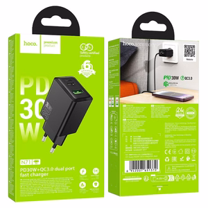 Lādētājs viedtālrunim Hoco USB A + USB C QC3.0 PD AFC 3A 30W N71 melns