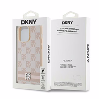 DKNY Ādas rūtainais mono raksts un drukātās svītras viedtālruņa apvalks iPhone 14 Pro Max - rozā