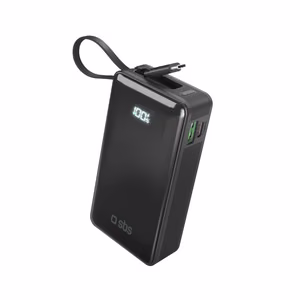 Внешний аккумулятор SBS 10000 mAh 20W со встроенным кабелем USB-C и цифровым дисплеем - чёрный