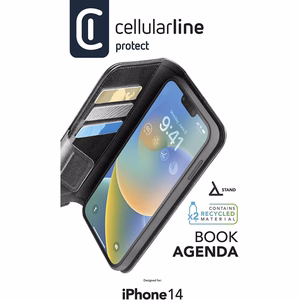 Cellularline Book Agenda vāciņš ierīcei iPhone 14, ar materiālā integrētu “Microban” antibakteriālo tehnoloģiju, melns